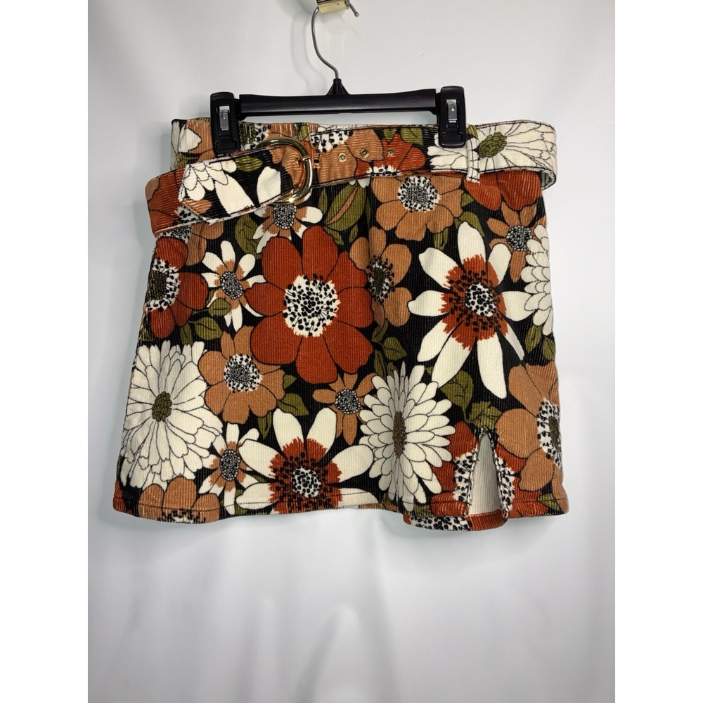 Show Me Your Mumu Skirt Med Tyra Belted Hutton Floral Corduroy Brown White Mini*